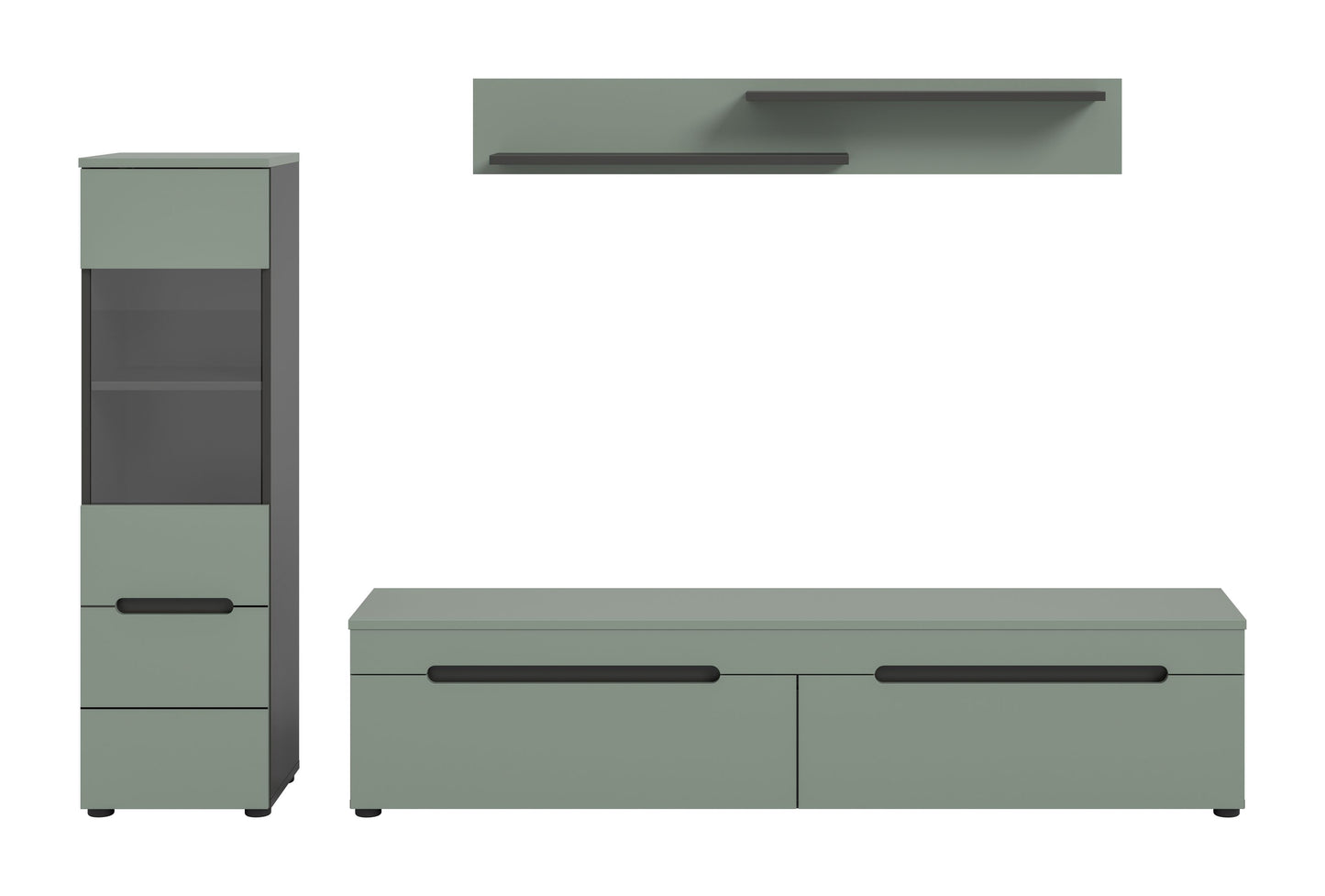 Wohnwand-Set: Lowboard und schmaler Vitrinenschrank, Salbeigrün mit Metallgriffen