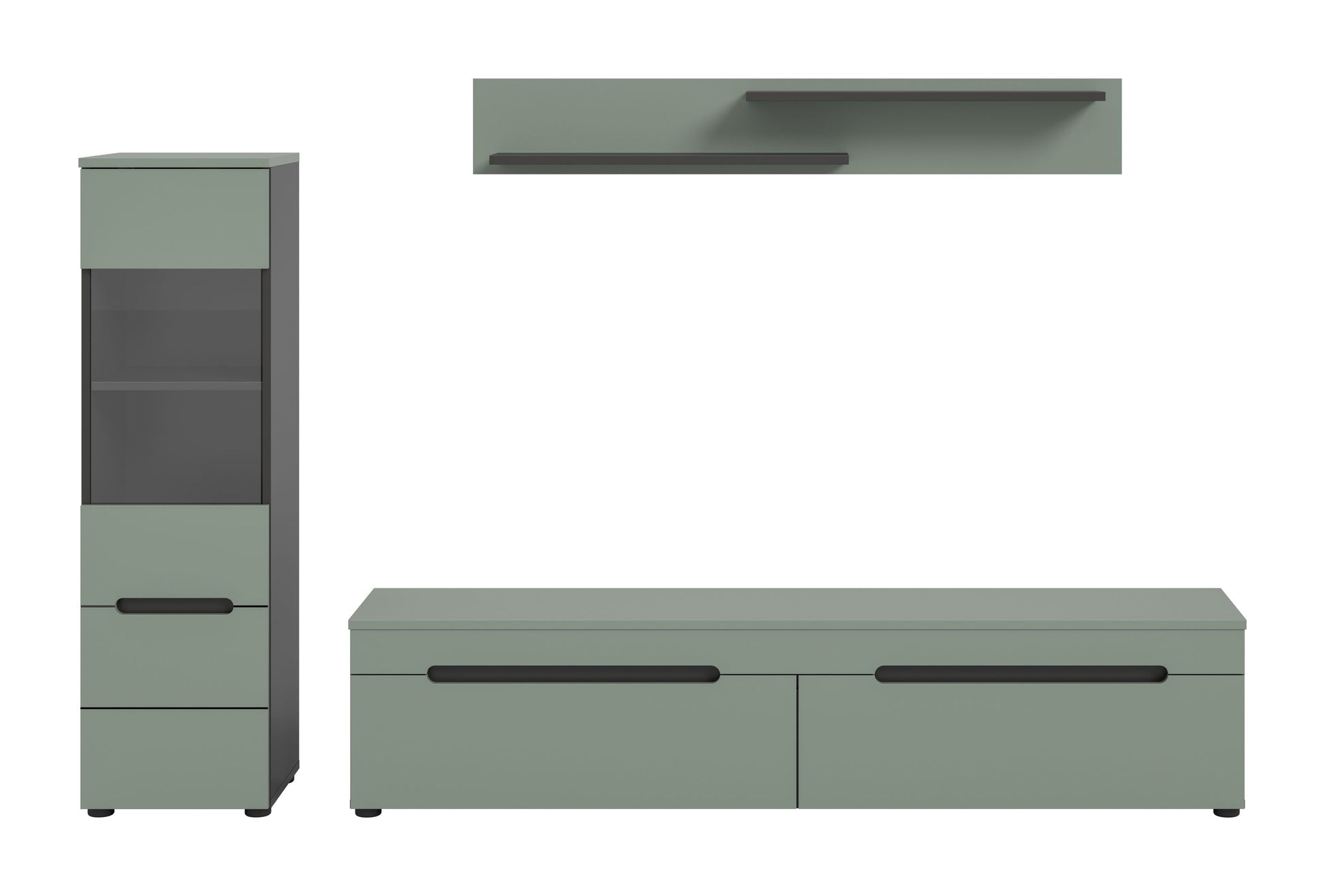 Wohnwand-Set: Lowboard und schmaler Vitrinenschrank, Salbeigrün mit Metallgriffen