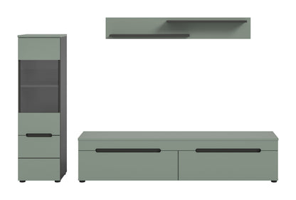 Wohnwand-Set: Lowboard und schmaler Vitrinenschrank, Salbeigrün mit Metallgriffen