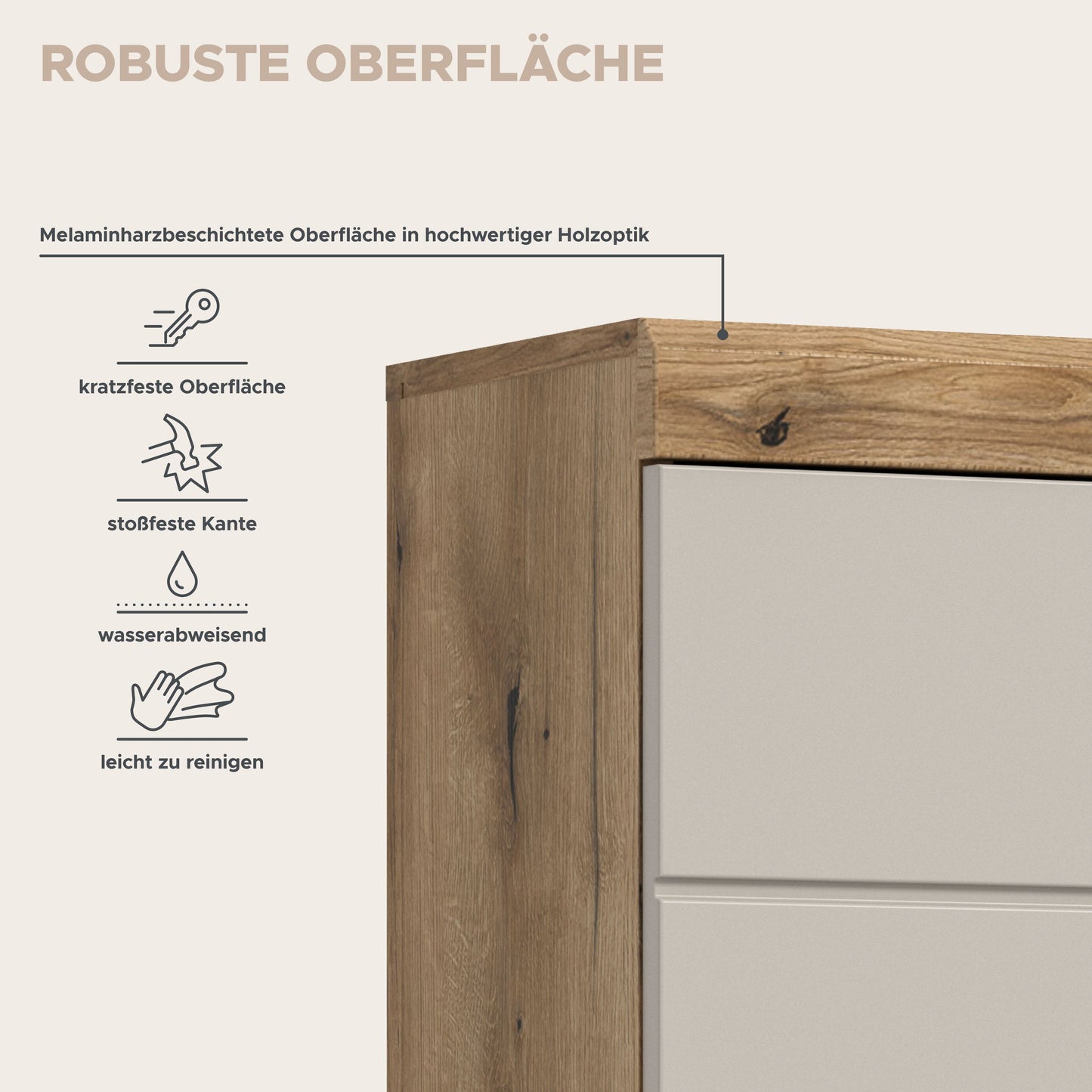 Badezimmerschrank mit Holzdekor-Seiten, weißer Front und Griffschublade