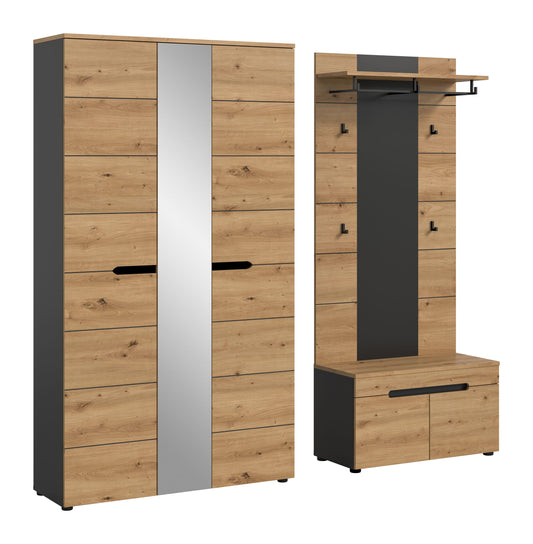 Garderobenschrank mit Spiegel, Fachflächen und Türgriff, Eiche-Natur/Anthrazit