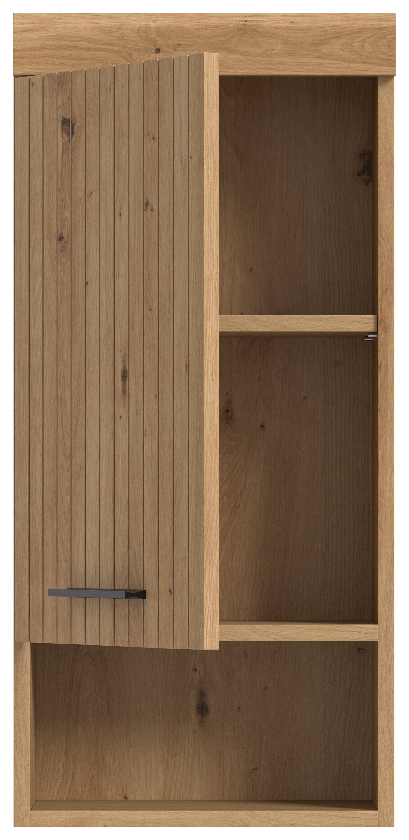Holzfarbener Hängeschrank mit geöffneter Tür und großem Innenfach