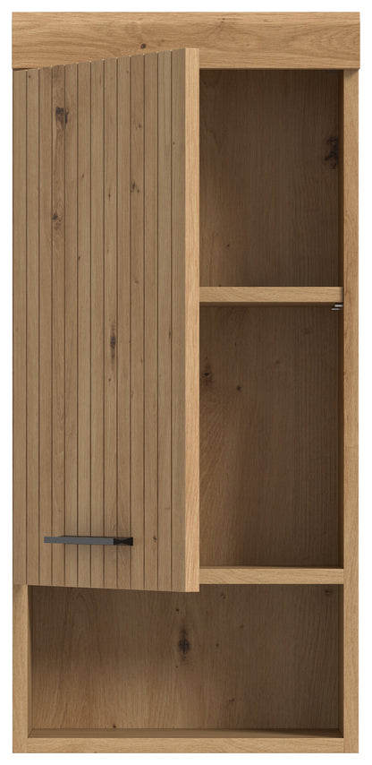 Holzfarbener Hängeschrank mit geöffneter Tür und großem Innenfach