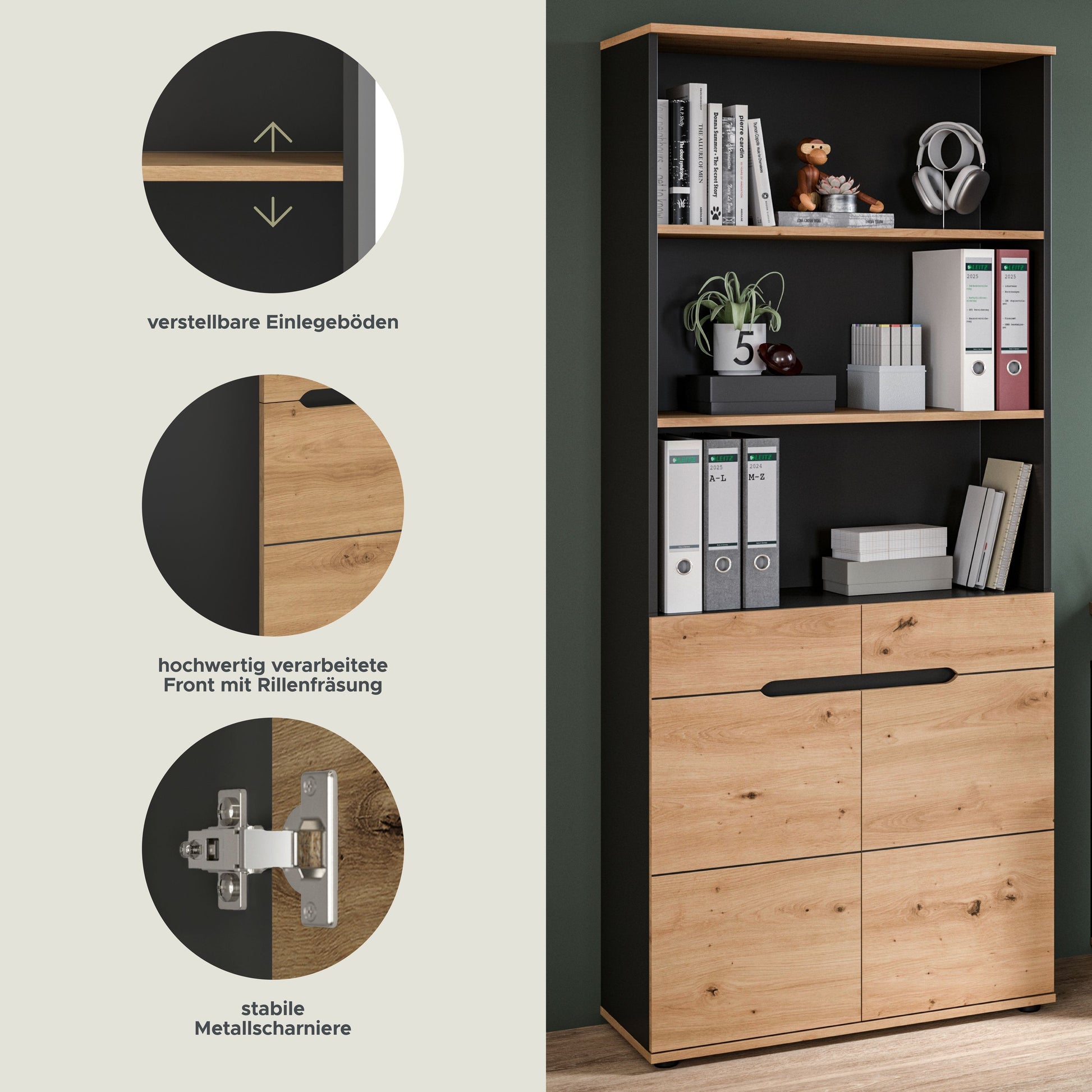 Aktenschrank mit Regal in Holzoptik und Anthrazit, ansicht mit Funktionsgrafik links