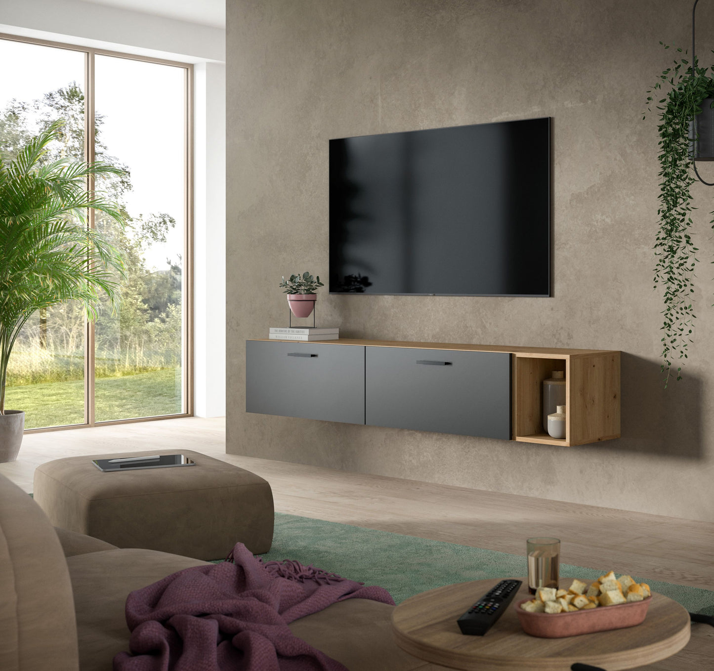 Meuble TV mural THE ONE (l/h/p : env. 75/34/34 cm) en imitation chêne Artisan/vert fumé