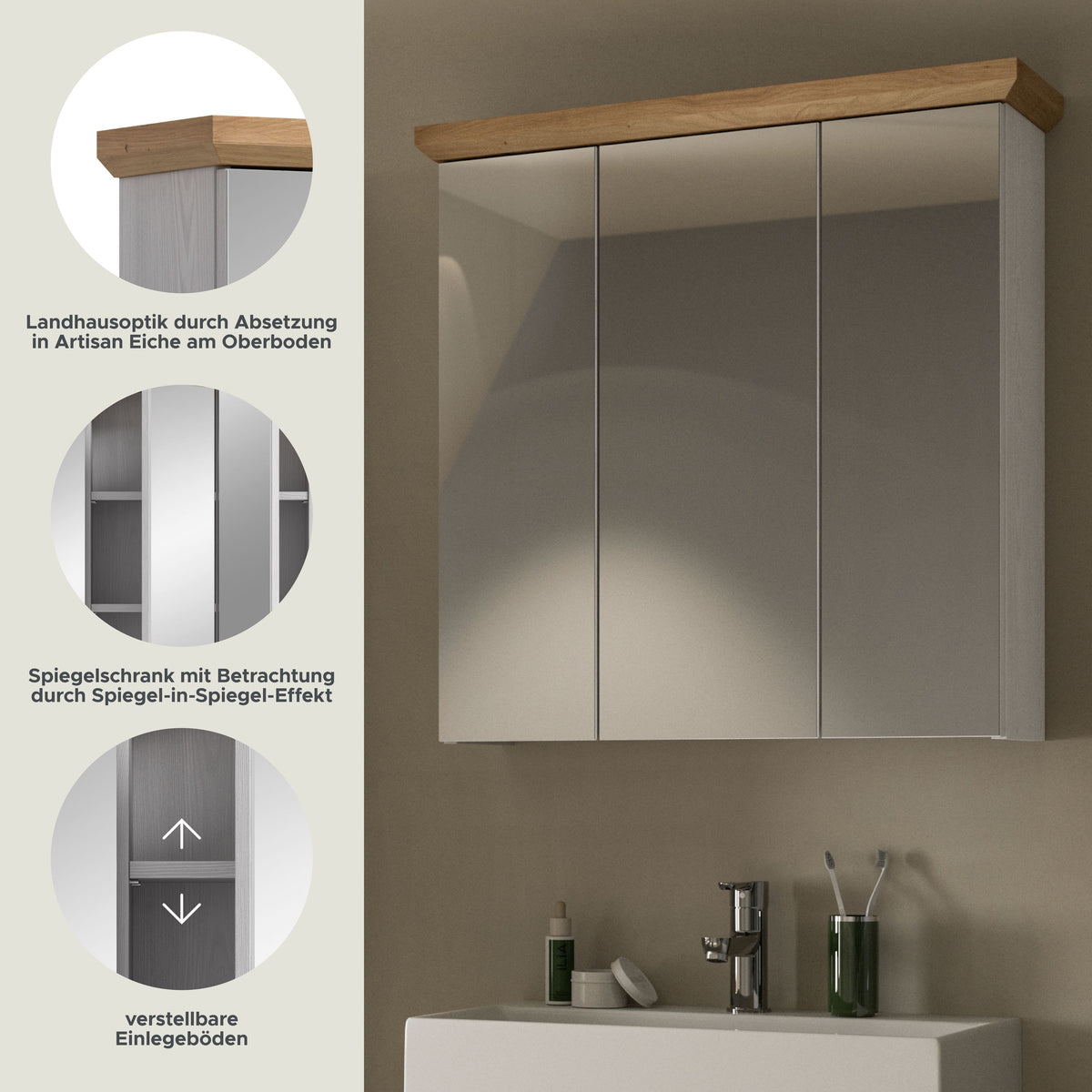 Mirror cabinet VERONA (W/H/D: approx. 69/71/21 cm) in Sibiu Larch imitation/Sibiu Larch imitation