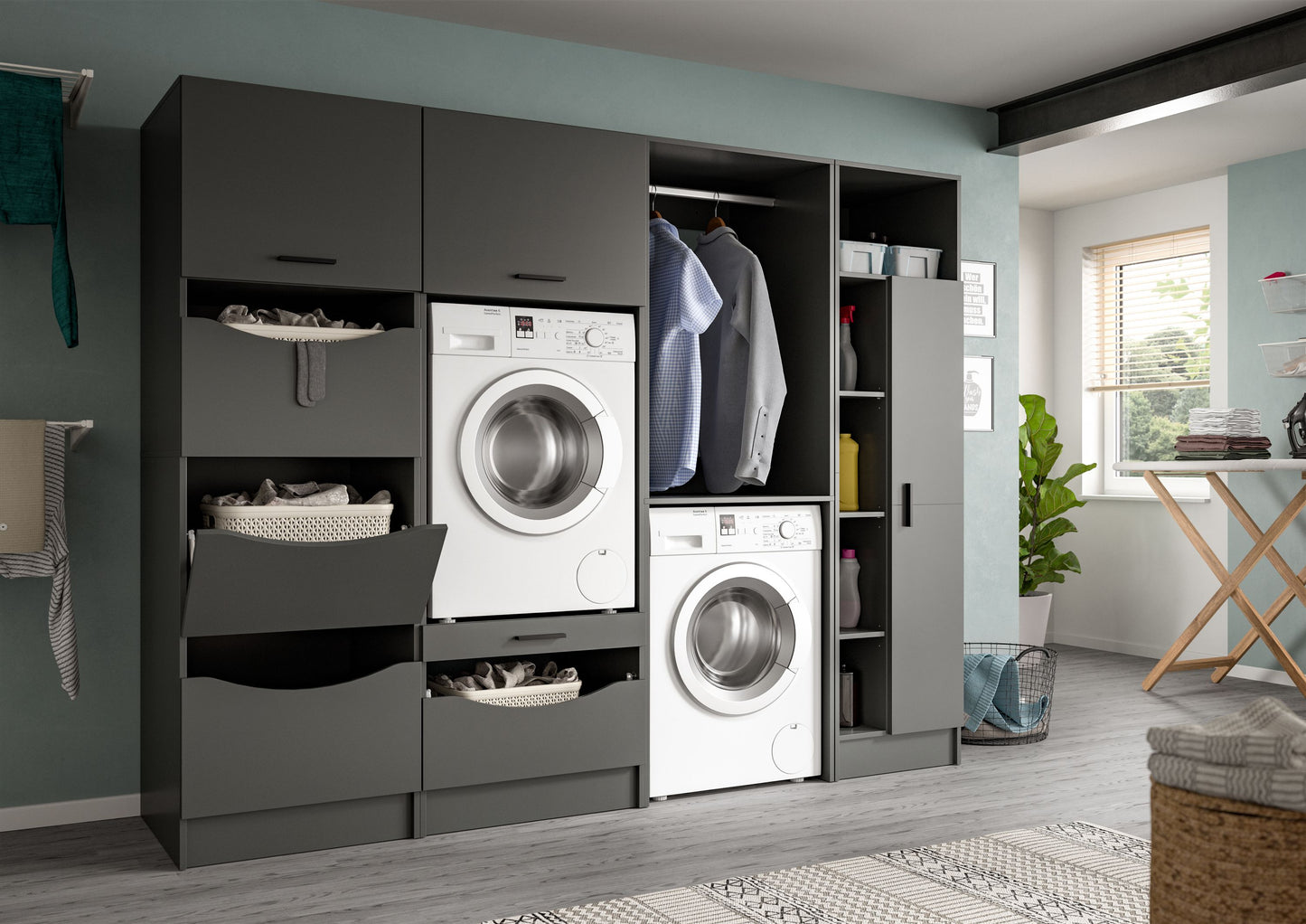 Homes & Jones Waschmaschinenschrank-Set mit Waschmaschinen, Fächer und Schranktüren in Grau