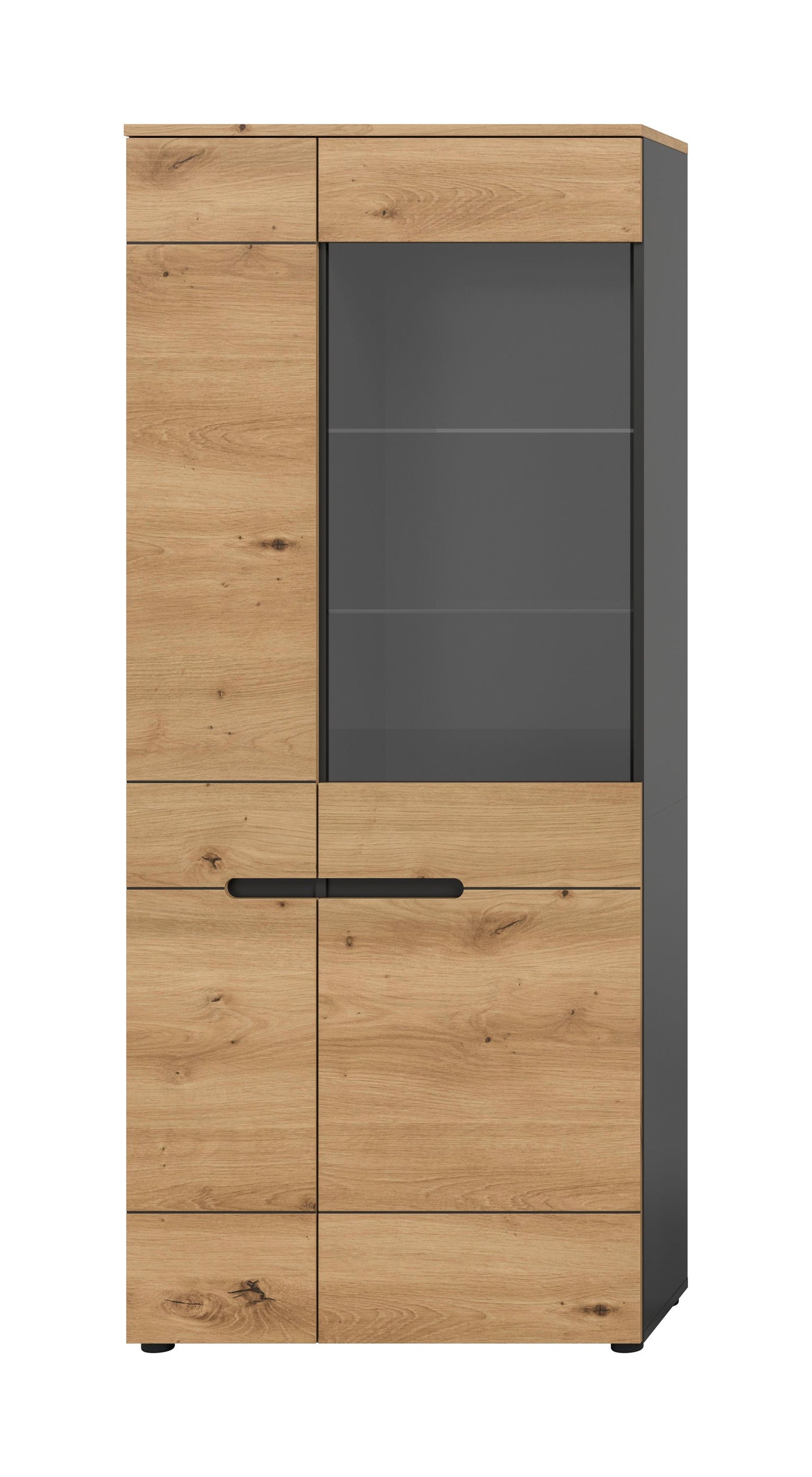 Vitrine-Wohnzimmerschrank in Holzoptik mit Glastür, mittlerem Griff und geschlossenen Fächern