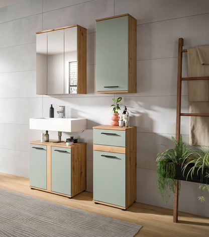 Badmöbel-Set für das Bad: Spiegelschrank und Unterschränke mit Hochglanzfronten, Holzoptik, mint