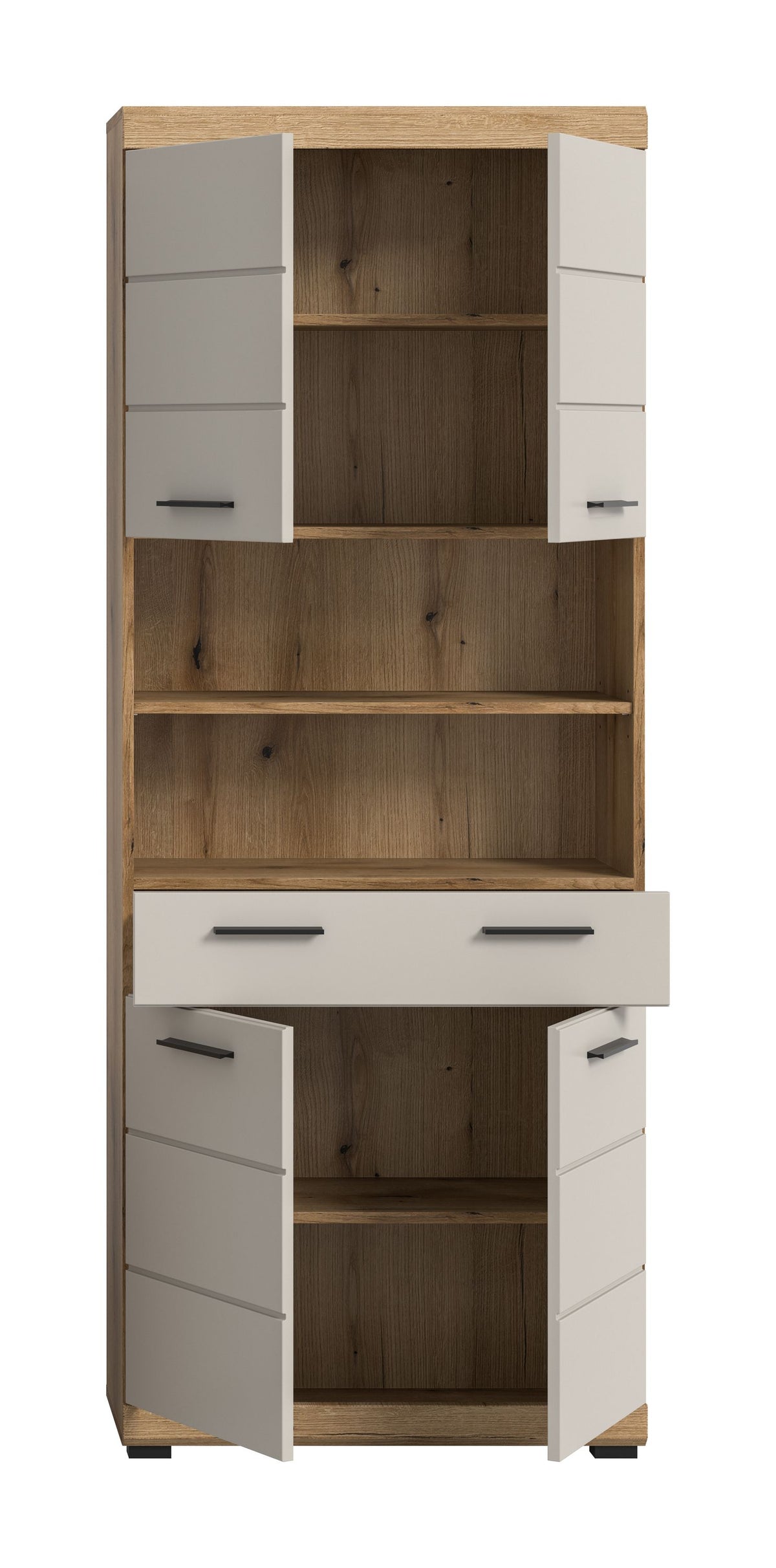 Badhochschrank mit offenen Fächerböden, hellgraue Türen und Artisan-Eiche-Optik