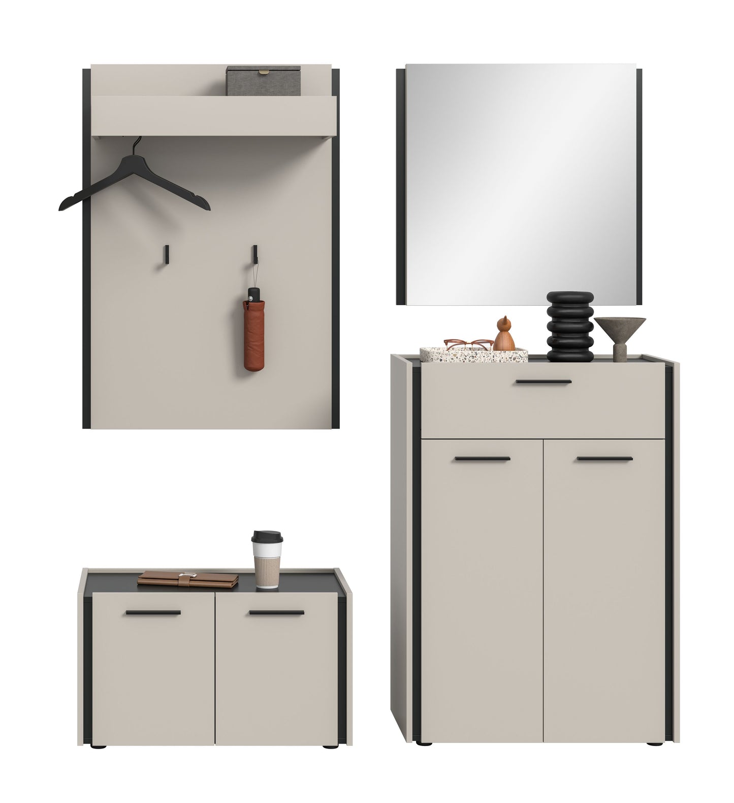 Garderobenset 4-teilig mit Paneel, Spiegeloberschrank und Sitzbank