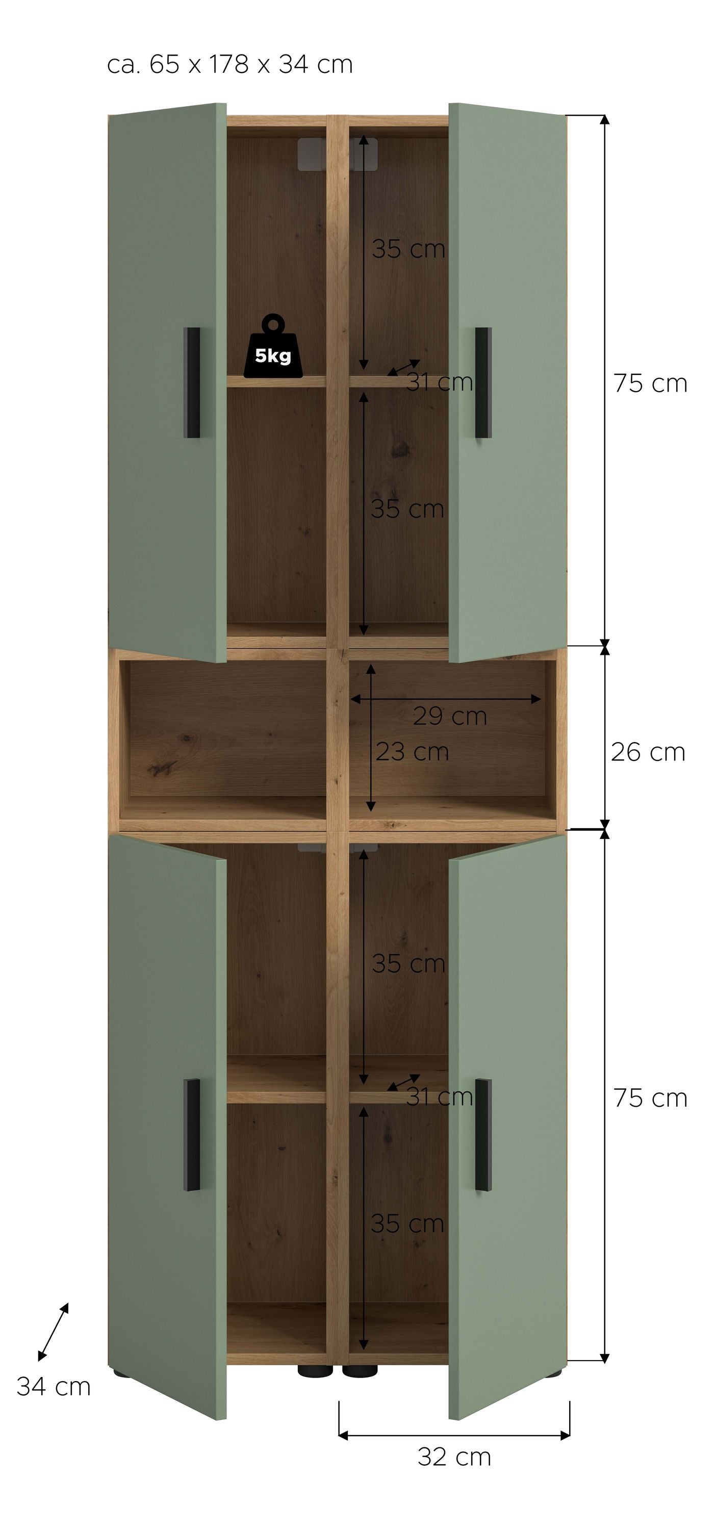 Wall Unit THE ONE (W/H/D: approx. 65/178/34 cm) in Artisan Oak finish/Smoke Green