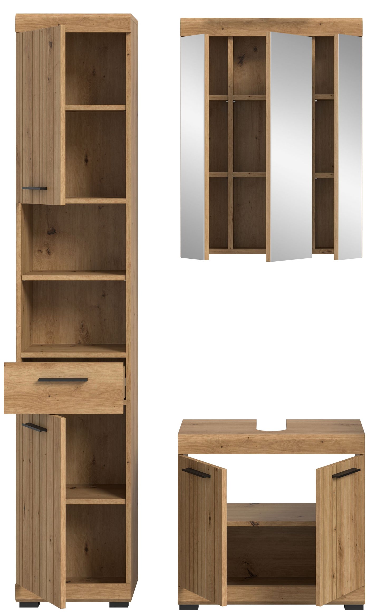 Badezimmerset 3-tlg. in Holzoptik: Hochschrank innen, Spiegelschrank innen, Unterschrank