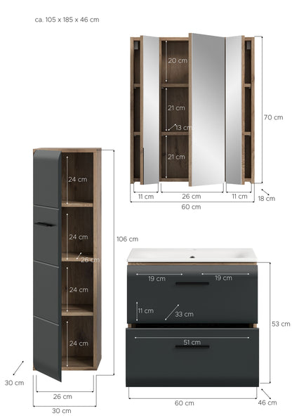 Badmöbel-Set mit Maßen für Spiegelschrank, Hochschrank und Waschtisch, dunkelgrau