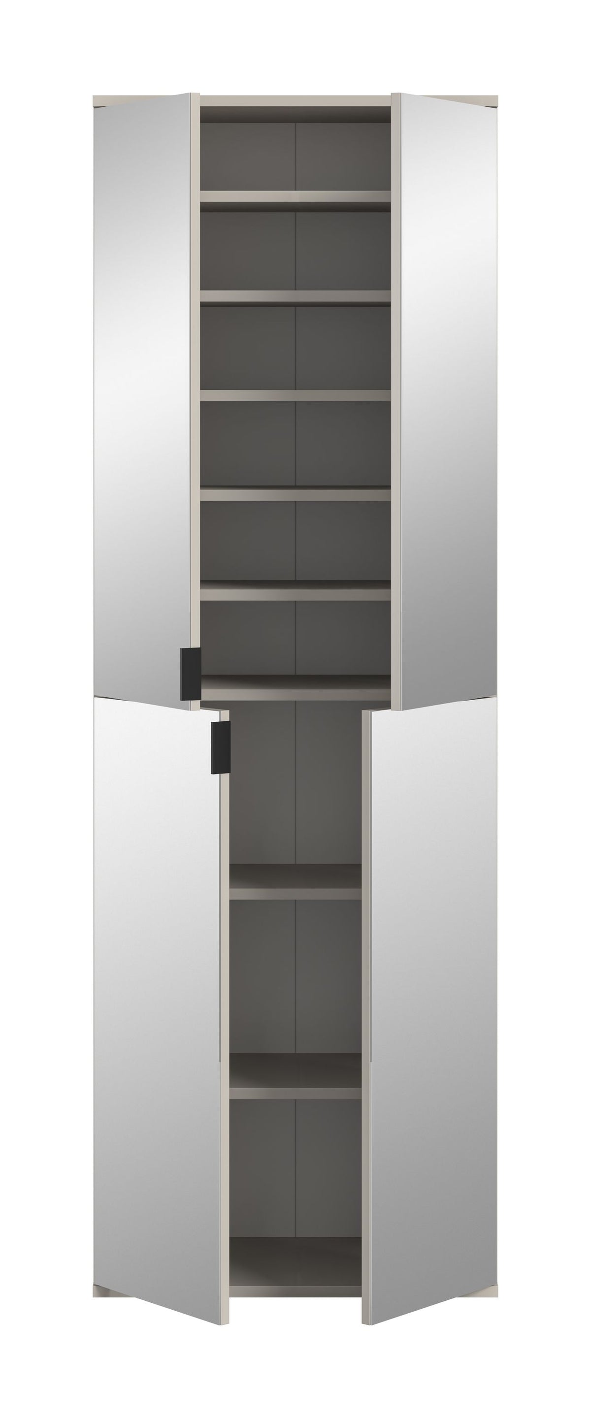 Spiegelschrank mit geöffneten Türen, innen mehrere Ablageböden und schwarze Scharniere/Griffe
