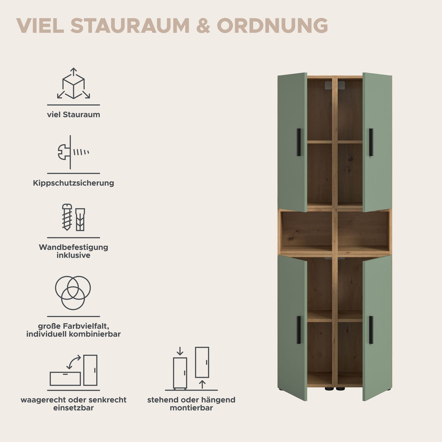 Wall Unit THE ONE (W/H/D: approx. 65/178/34 cm) in Artisan Oak finish/Smoke Green