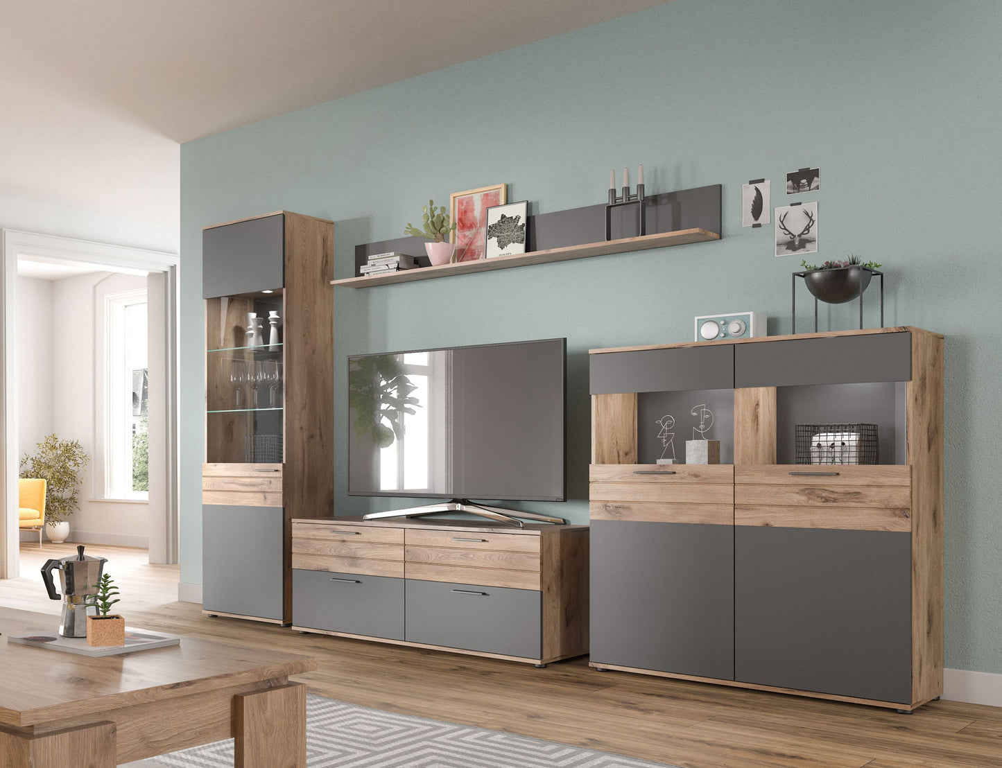 Wohnwand-Set für Wohnzimmer: TV-Unterteil und Sideboard mit offenen Fächern in Holzoptik