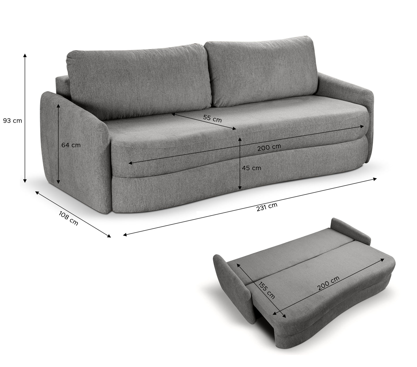 Schlafsofa aus grauem Stoff mit Maßangaben für Sitzen und Liegefläche