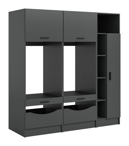 Waschmaschinenschrank-Set in Grau, mit zwei Klappen, Schubladen und offenen Fächern