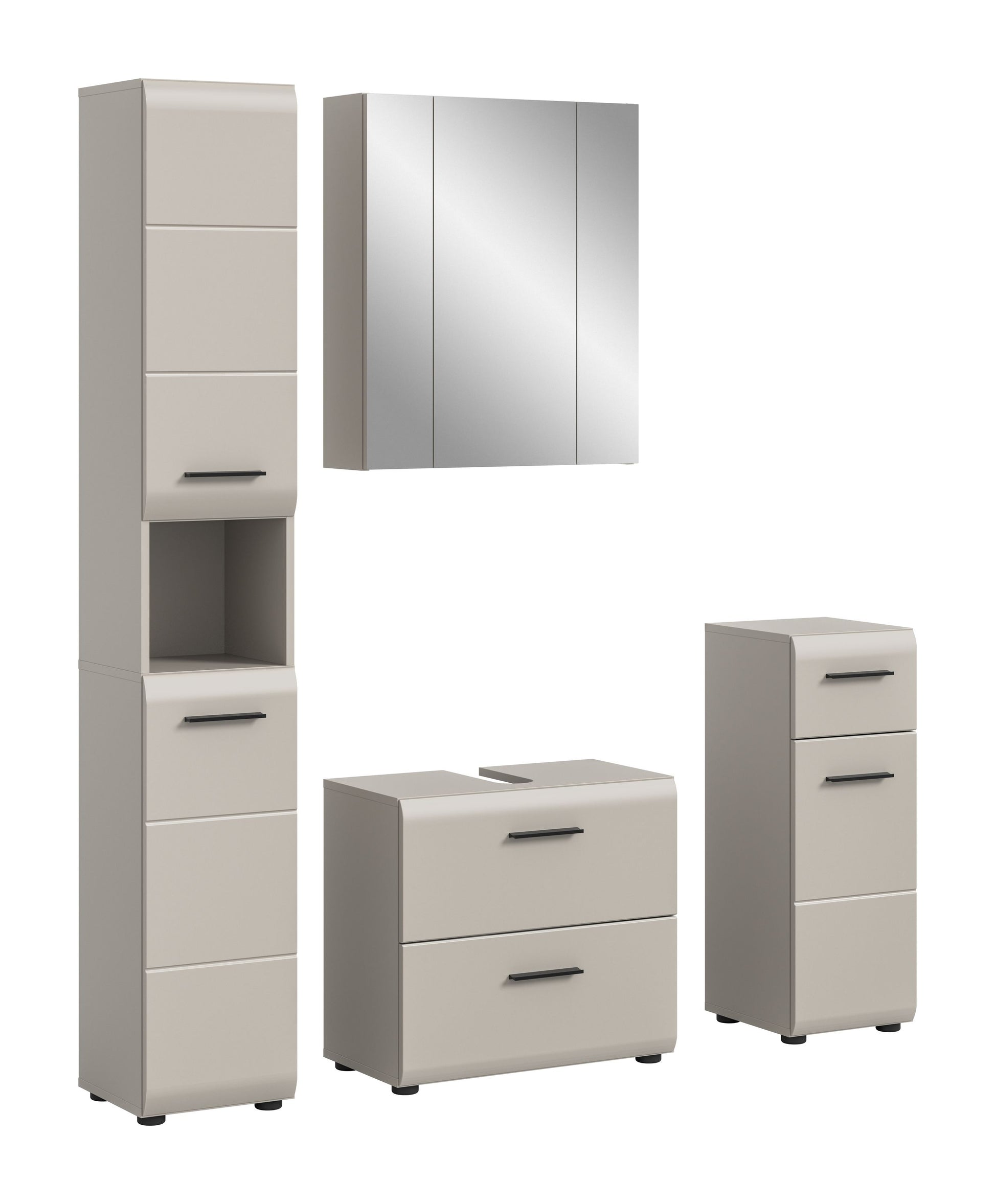 Badmöbel-Set 4-tlg. in Hellgrau/Weiß: Spiegelschrank, Hochschrank und Unterschränke