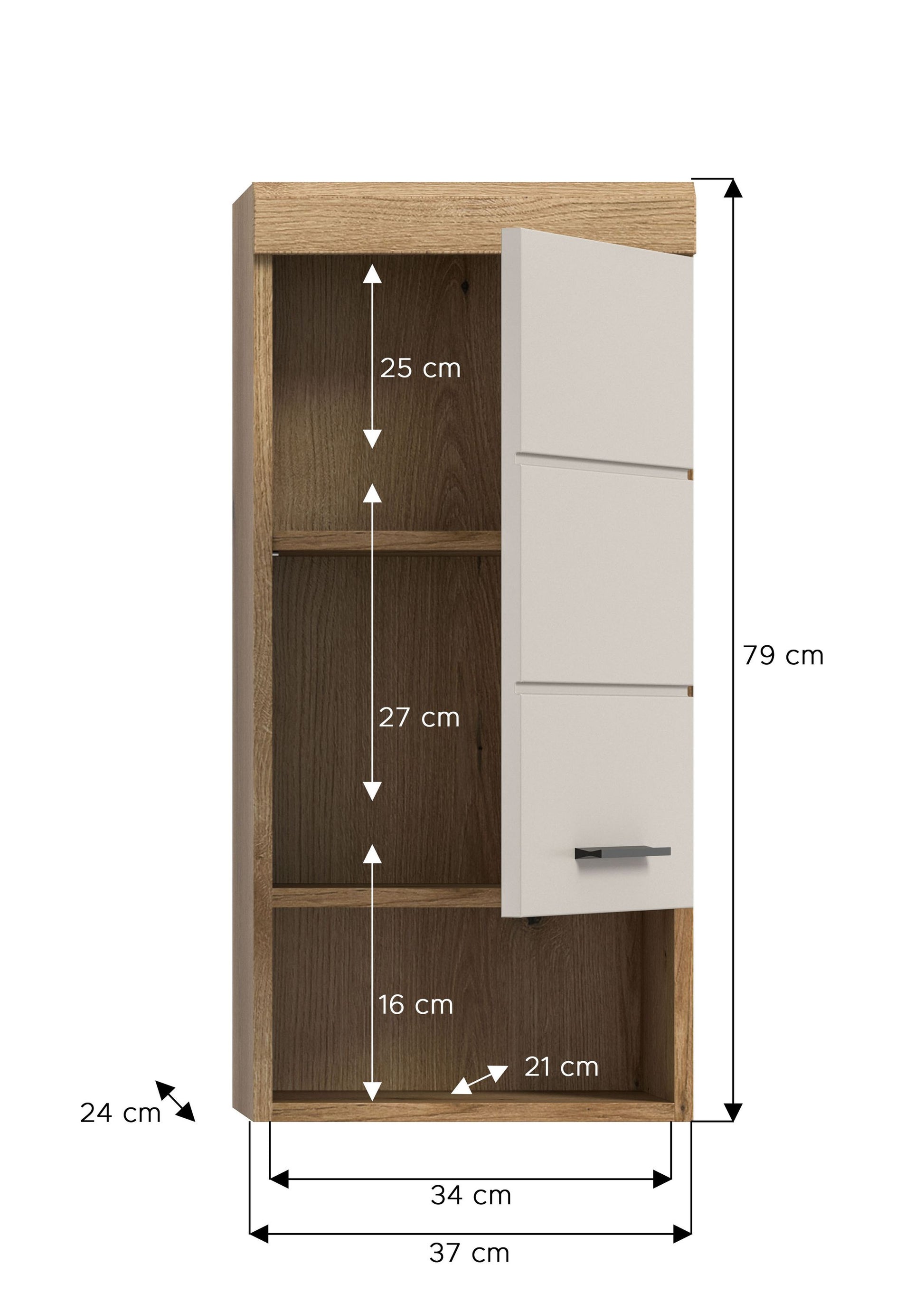 Maßskizze: Badezimmerschrank mit offenen Fächern und Schubladenfront, 79 cm hoch