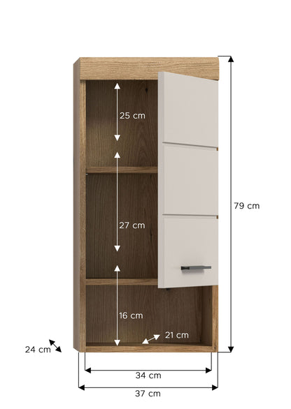 Maßskizze: Badezimmerschrank mit offenen Fächern und Schubladenfront, 79 cm hoch