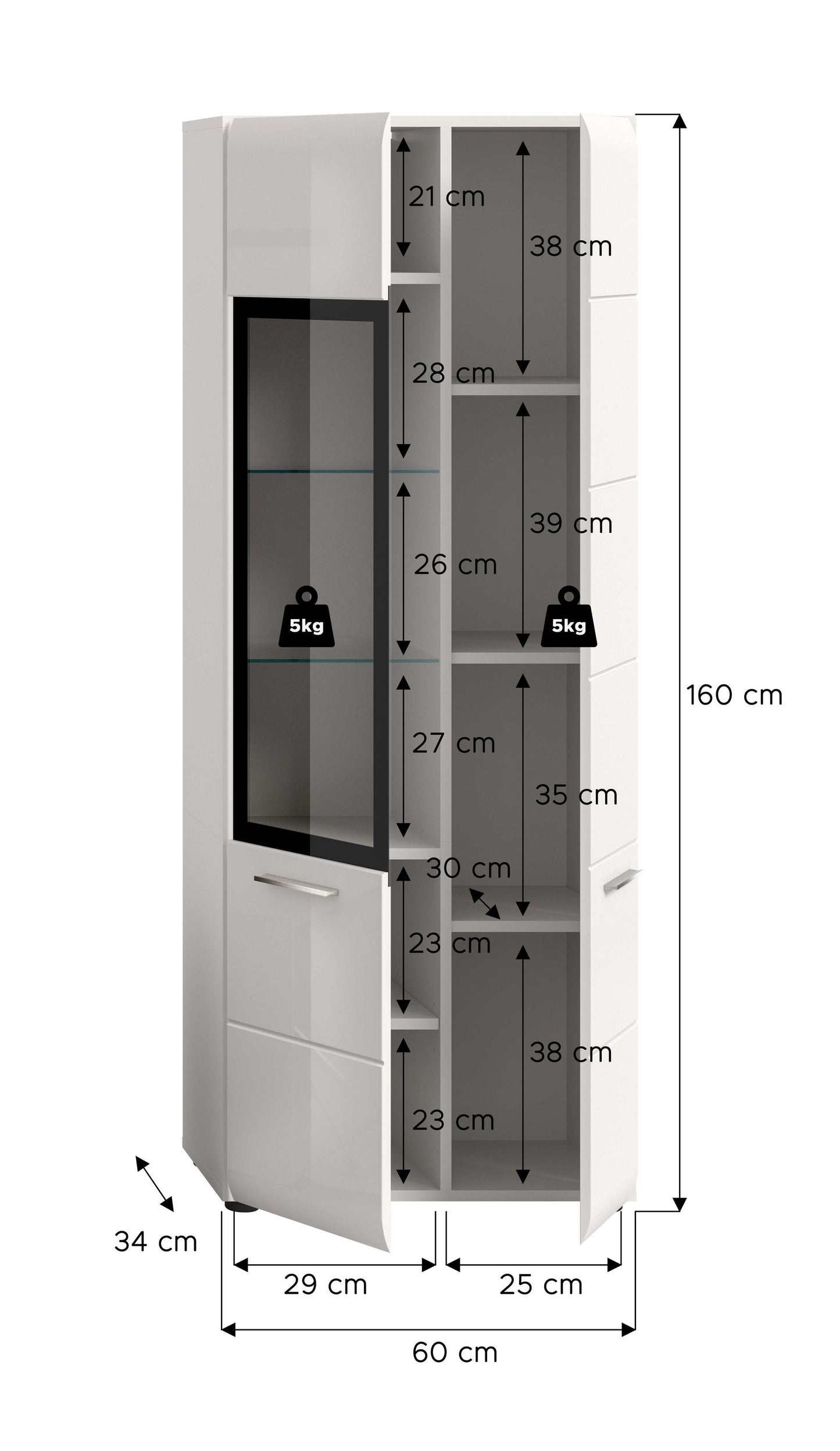 Vitrine ICE (L/H/P : env. 60/160/34 cm) en blanc/blanc brillant