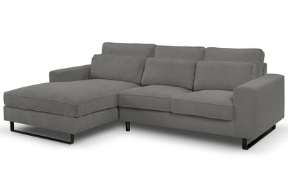 Ecksofa mit Recamiere in grauem Cordstoff, gepolsterte Arm- und Rückenkissen