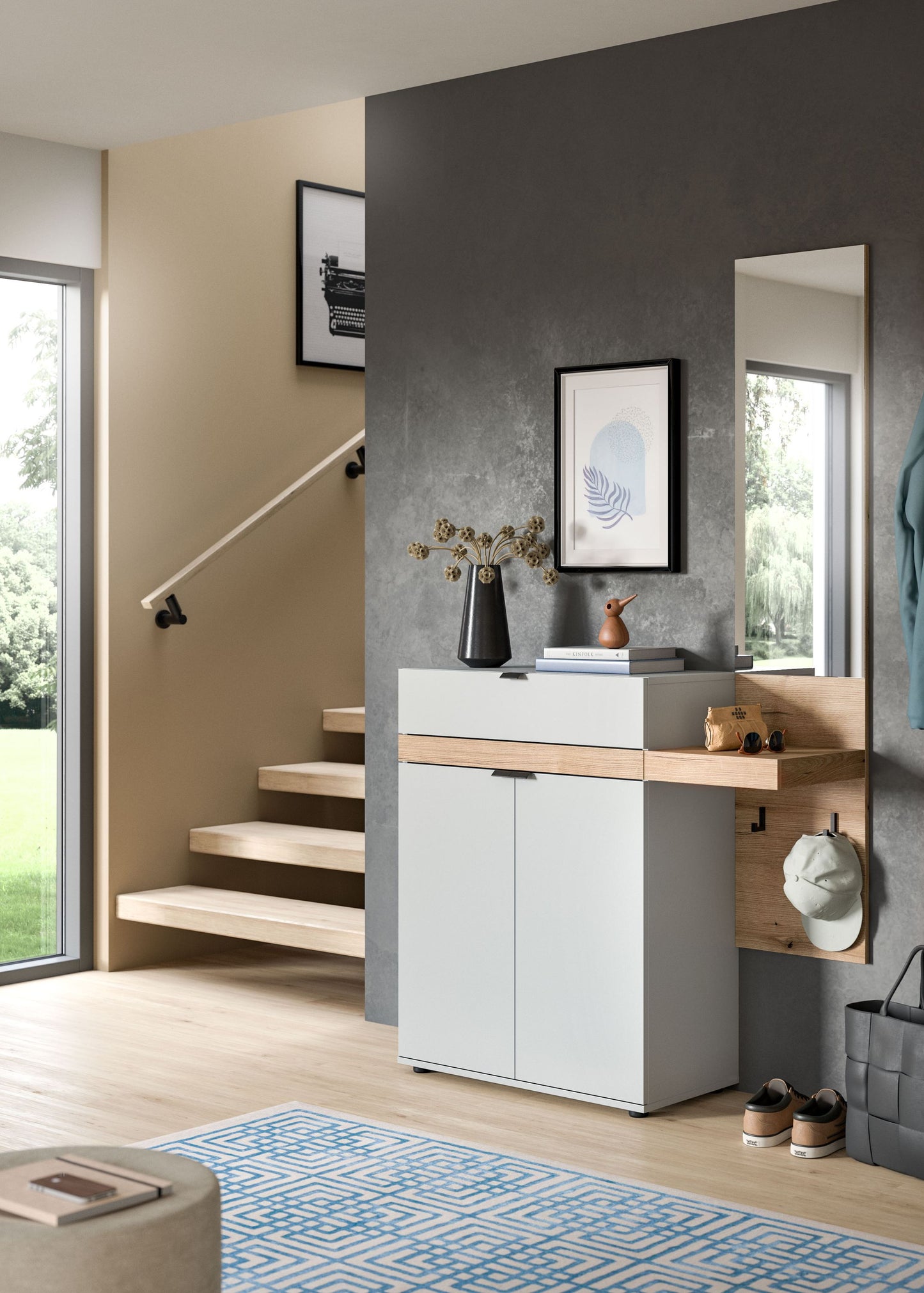 Garderoben-Set mit Schuhkommode und Spiegel, weiß-grau, Holzablage und offene Nische
