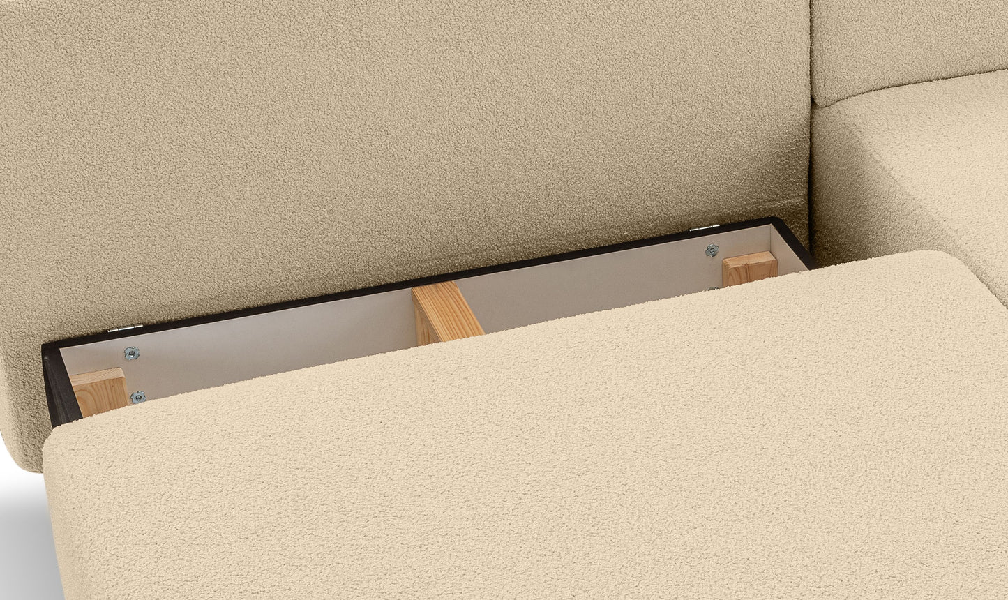 Detail am Schlafsofa: Unterseite der Schlaffunktion mit Holzleisten