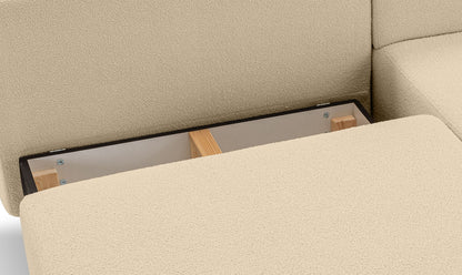 Detail am Schlafsofa: Unterseite der Schlaffunktion mit Holzleisten