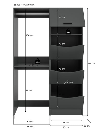 Waschmaschinenschrank-Set mit Maßangaben, links offene Fächer, rechts graue Schubladen