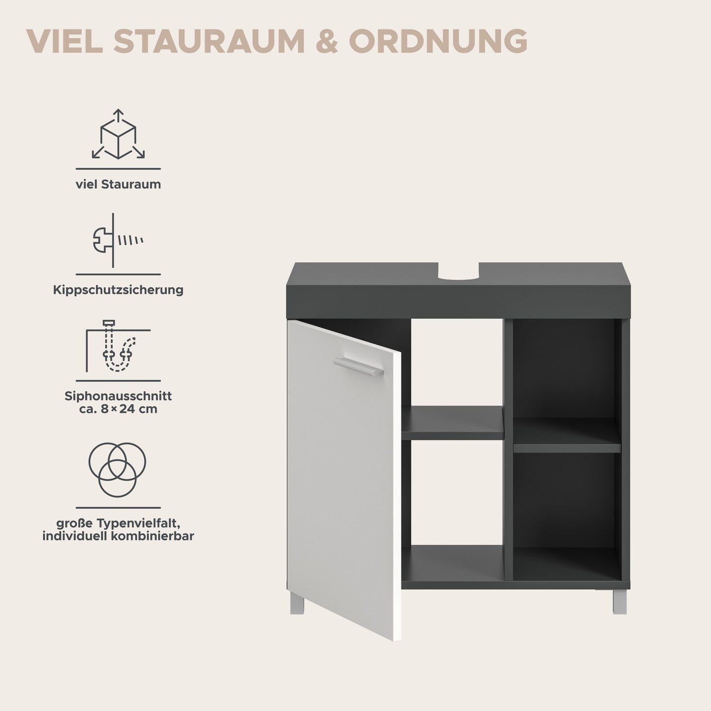 Homes & Jones Bad-Waschbeckenunterschrank 65 cm breit weiß-anthrazit, Badmöbel