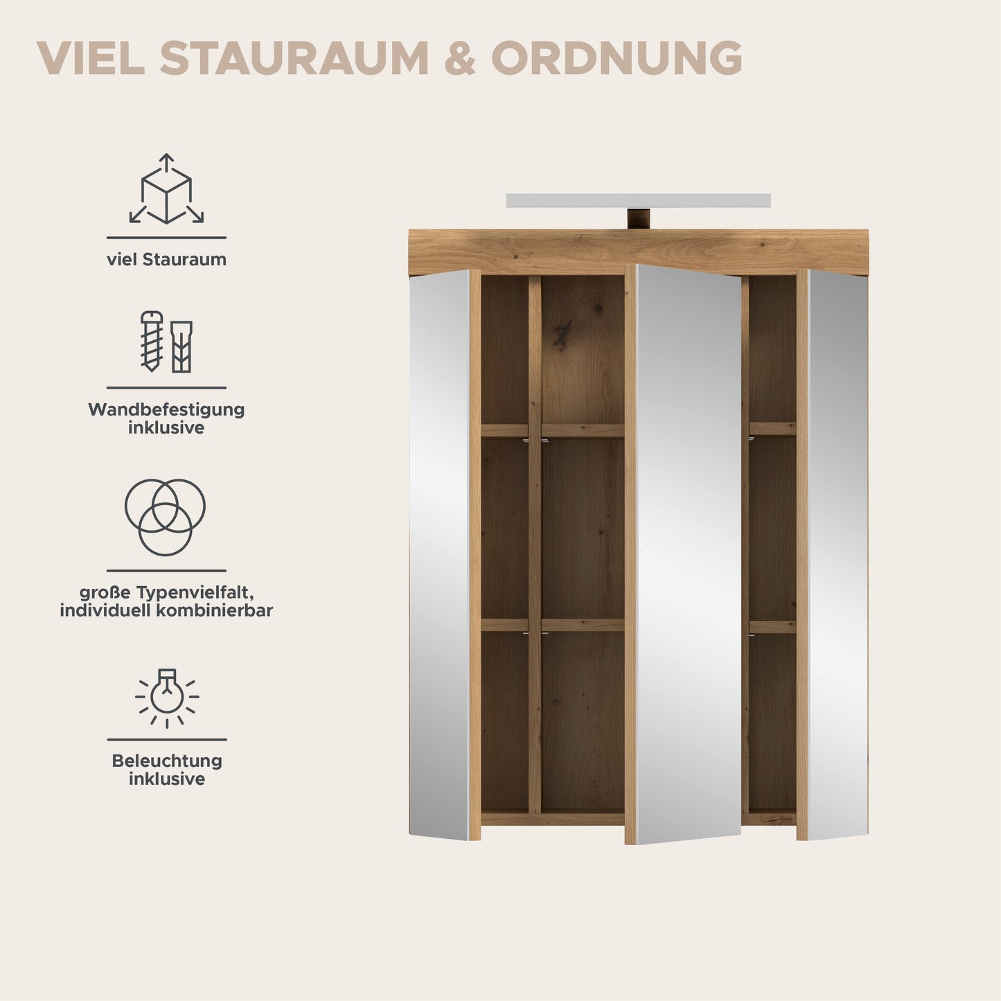 Armoire de toilette avec éclairage SCOUT (L/H/P : env. 60/79/18 cm) en imitation chêne Evoak/verre miroir