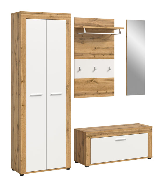 4-teiliges Garderoben-Set: Garderobenschrank mit Spiegel, Hakenleiste und Bank mit Schublade