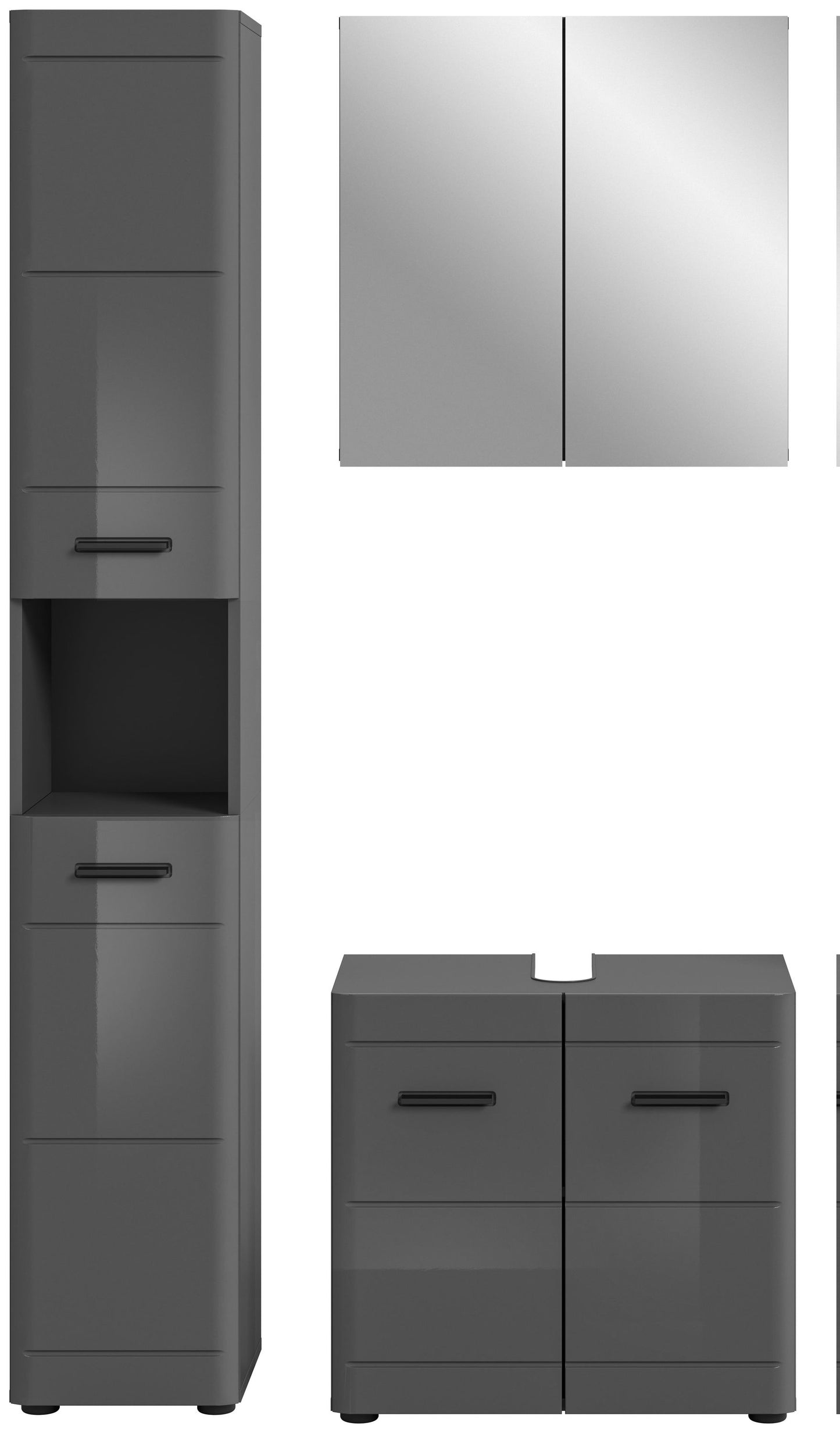 Hochschrank und Unterschrank mit zwei Schubladen, graue Fronten und Griffleisten