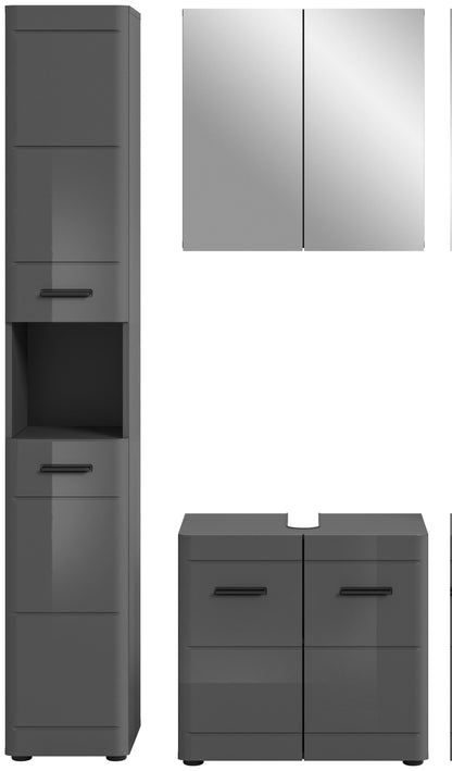 Hochschrank und Unterschrank mit zwei Schubladen, graue Fronten und Griffleisten