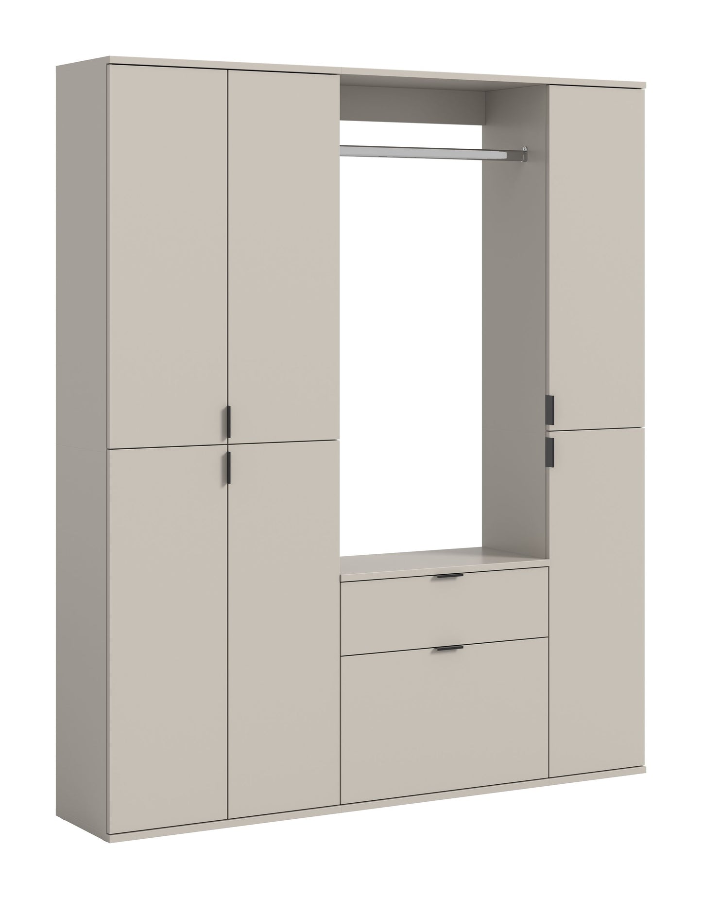 Garderobenschrank mit 4 Türen, grau-beige, offene Front mit Wäsche-/Schuhfach und Ablage