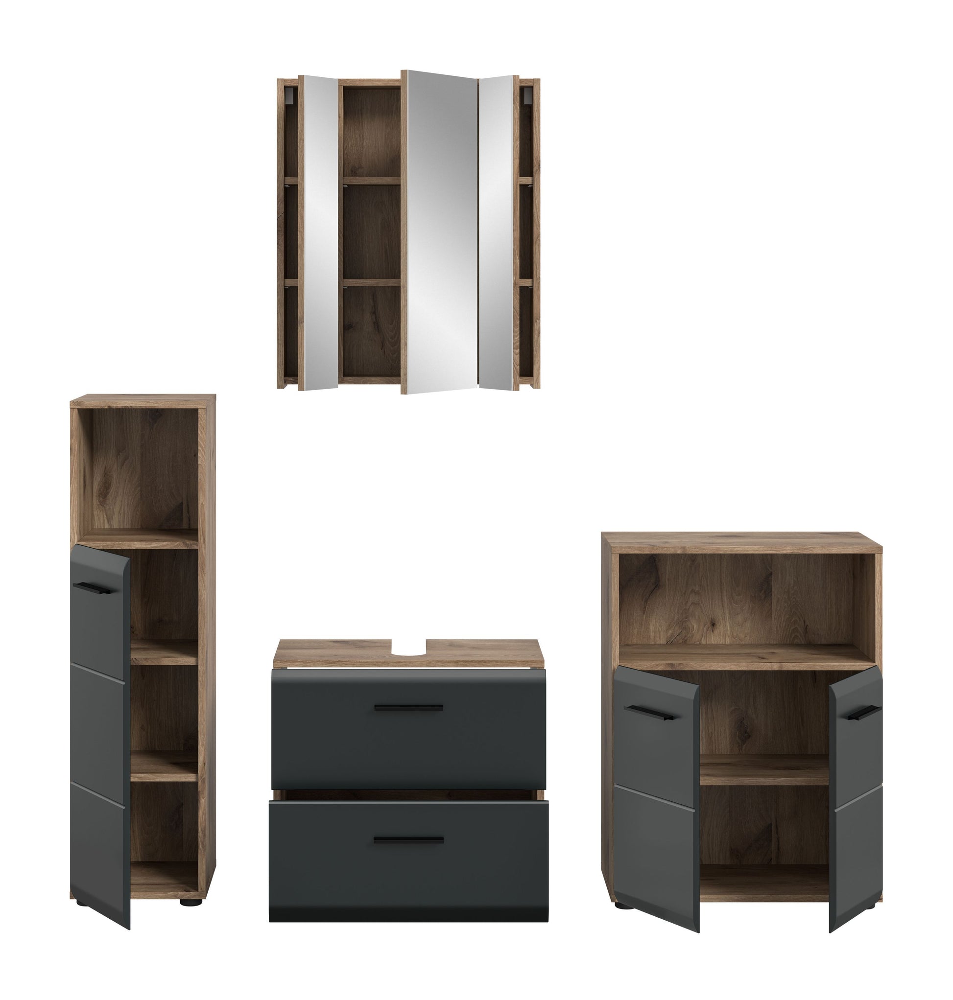 Badmöbel-Set mit Waschbecken-Unterschrank, Schubladen und offenen Seitenschränken in dunklem Holz