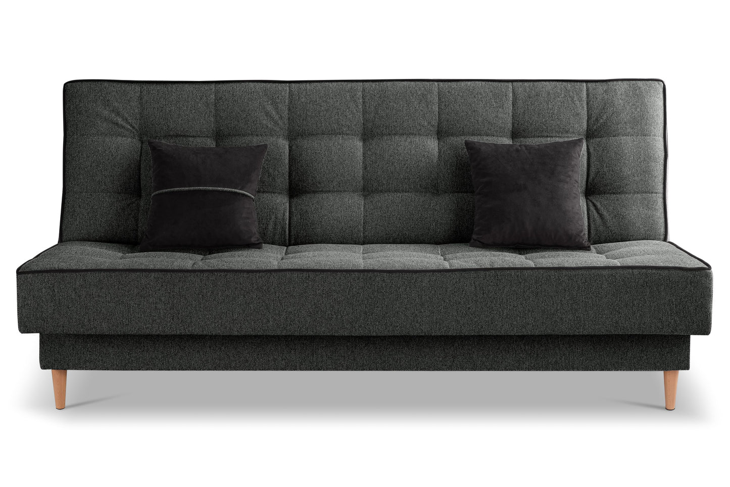 Schlafsofa mit Schlaffunktion, dunkelgrauer Stoffbezug, mehrere Zierkissen auf der Sitzfläche