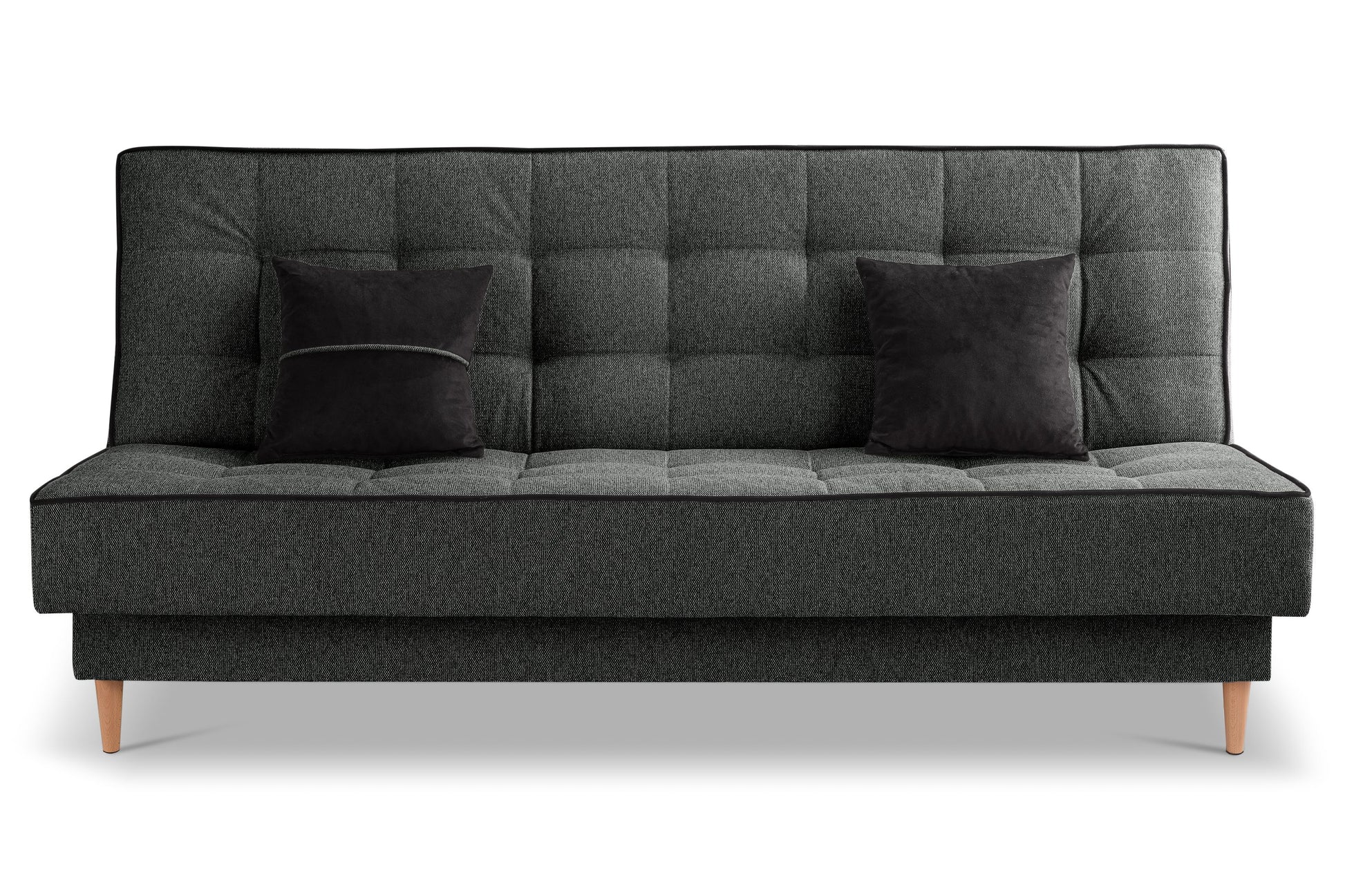 Schlafsofa mit Schlaffunktion, dunkelgrauer Stoffbezug, mehrere Zierkissen auf der Sitzfläche