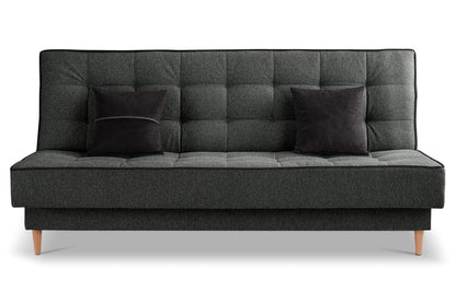 Schlafsofa mit Schlaffunktion, dunkelgrauer Stoffbezug, mehrere Zierkissen auf der Sitzfläche