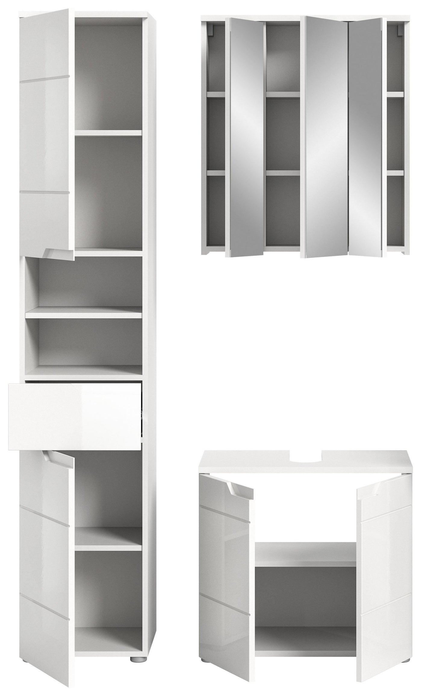 Badmöbelset mit Hochschrank und Unterschrank, offene Innenfächer, weiße Hochglanzflächen