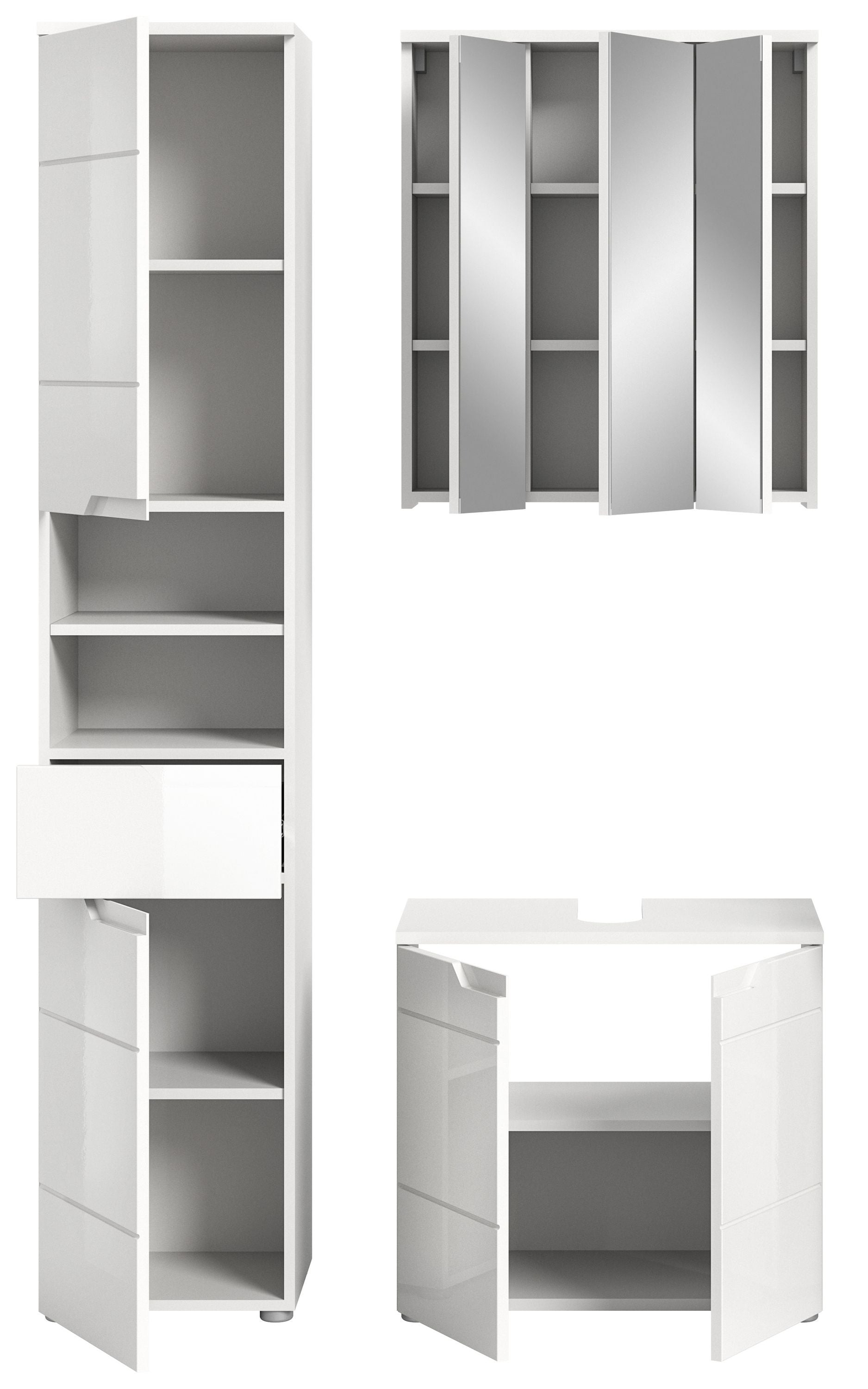 Badmöbelset mit Hochschrank und Unterschrank, offene Innenfächer, weiße Hochglanzflächen
