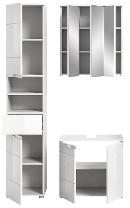 Badmöbelset mit Hochschrank und Unterschrank, offene Innenfächer, weiße Hochglanzflächen