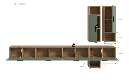 Meuble TV mural THE ONE (L/H/P : env. 300/178/34 cm) en imitation chêne Artisan/vert fumé