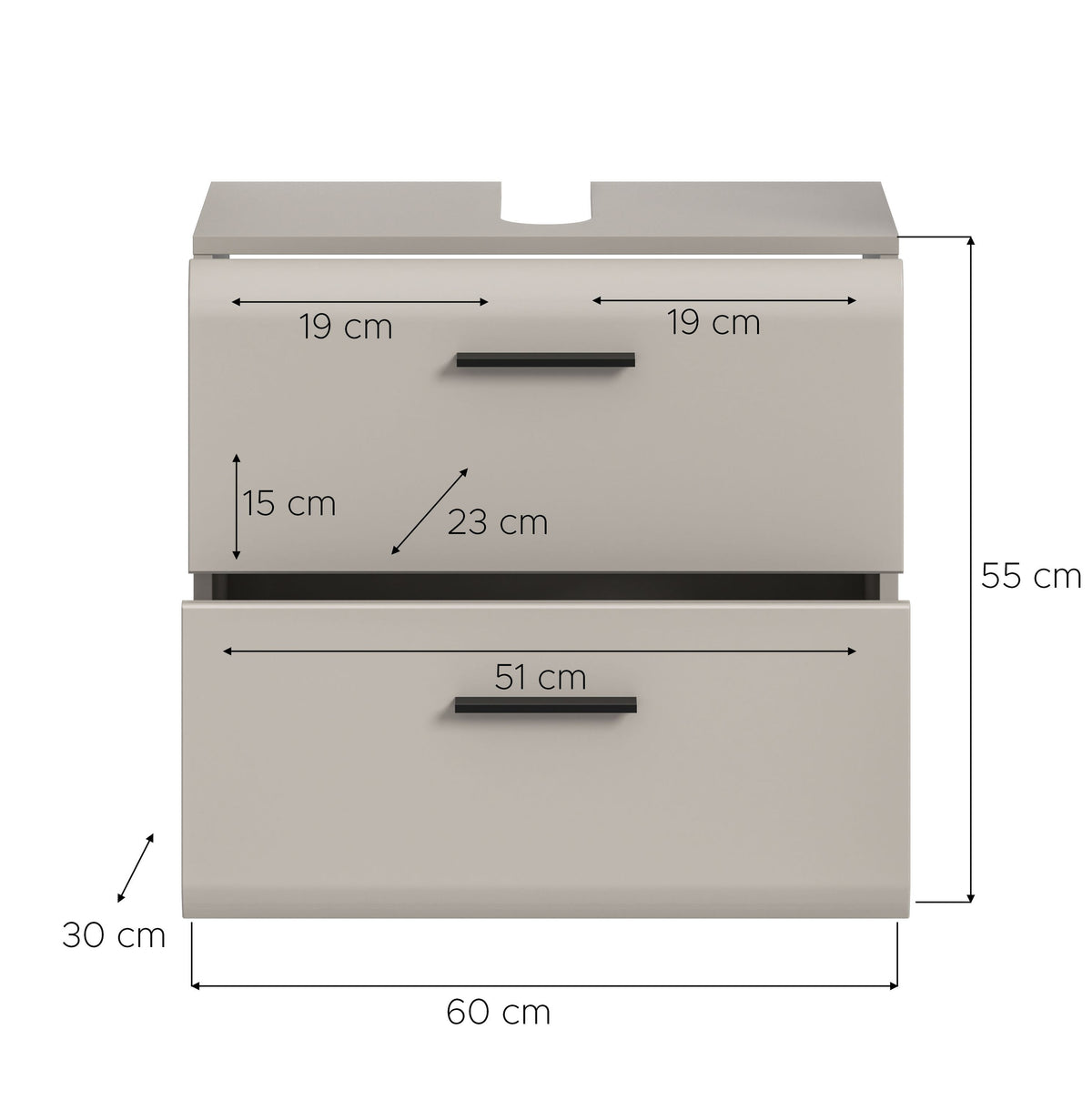 Waschbeckenunterschrank in Hellgrau, 60 cm breit, mit Maßangaben (55 cm Höhe)