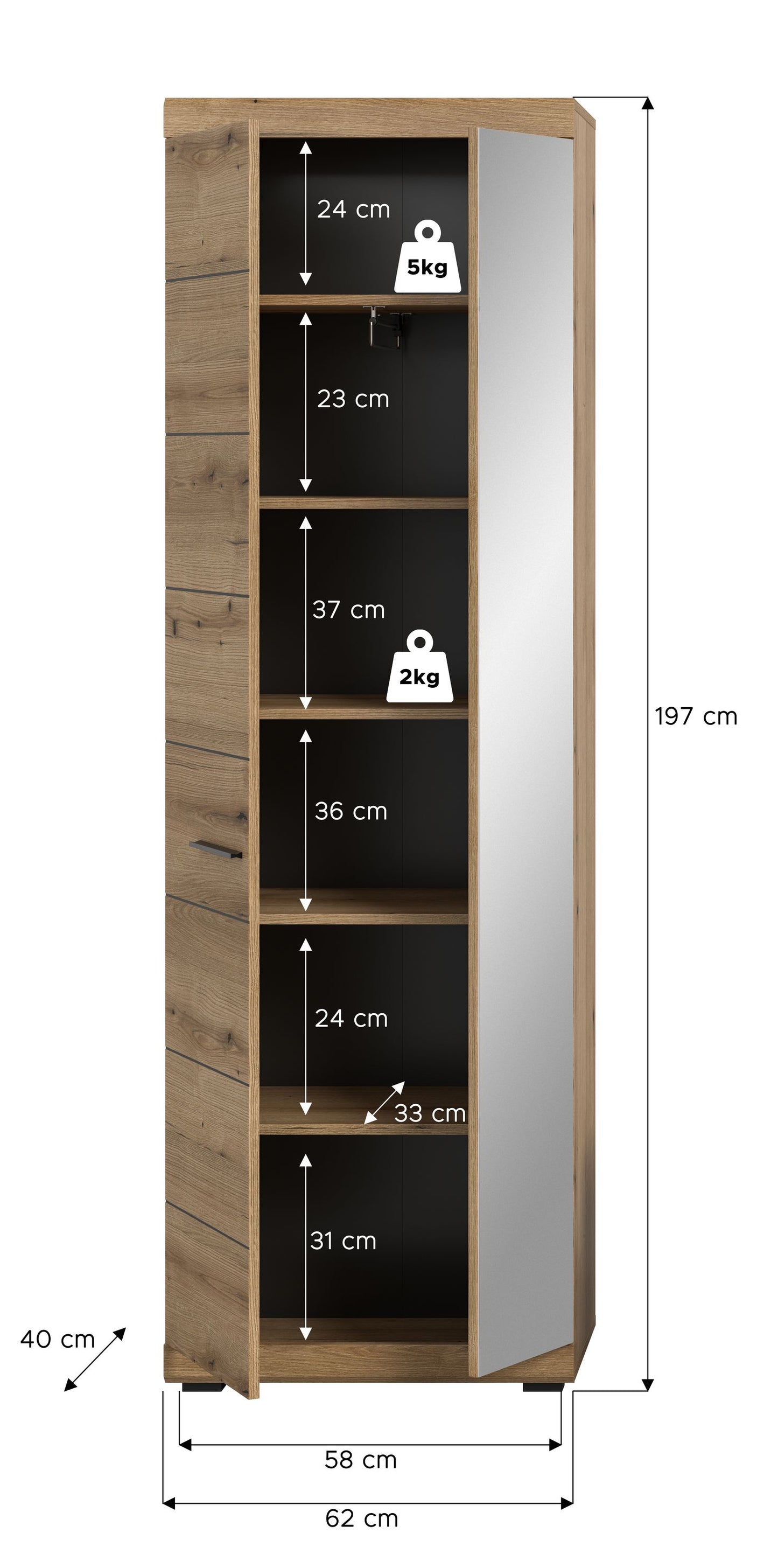 Garderobenschrank mit Schuhfächern, Holzoptik, mit Maßangaben