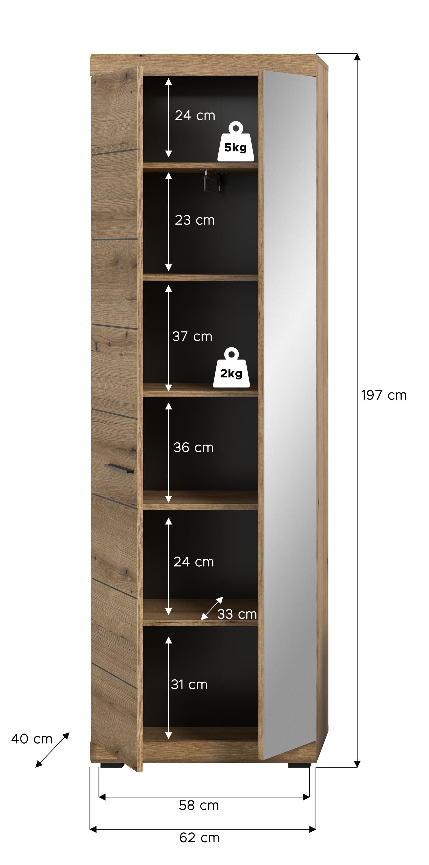 Garderobenschrank mit Schuhfächern, Holzoptik, mit Maßangaben