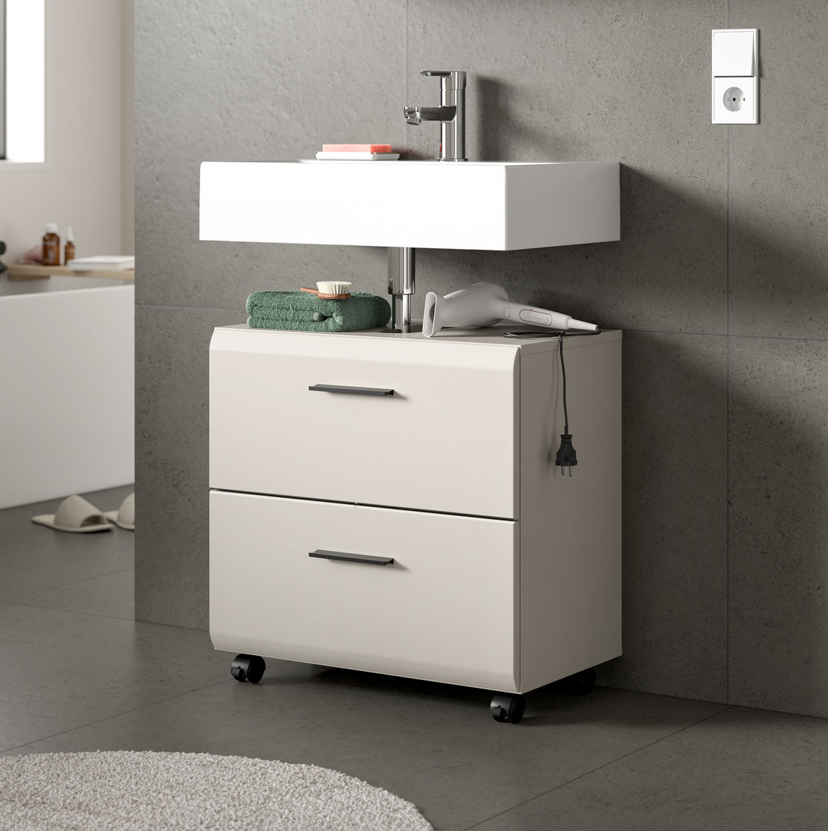 Meuble bas de lavabo à roulettes ICE (L/H/P : env. 60/58/30 cm) en imitation chêne Nox/noir mat